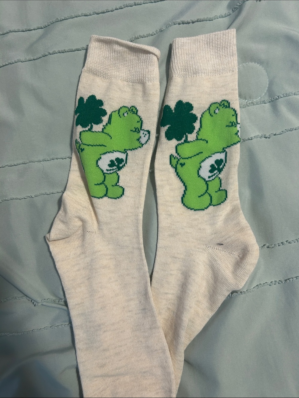 White Crew Socks with Green Cartoon Bear and Shamrock